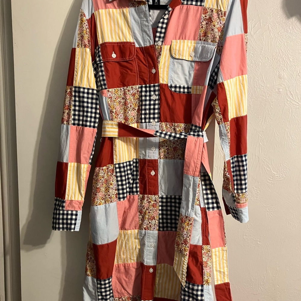 Lands' End Pink and Navy Checkered Shirt Dress